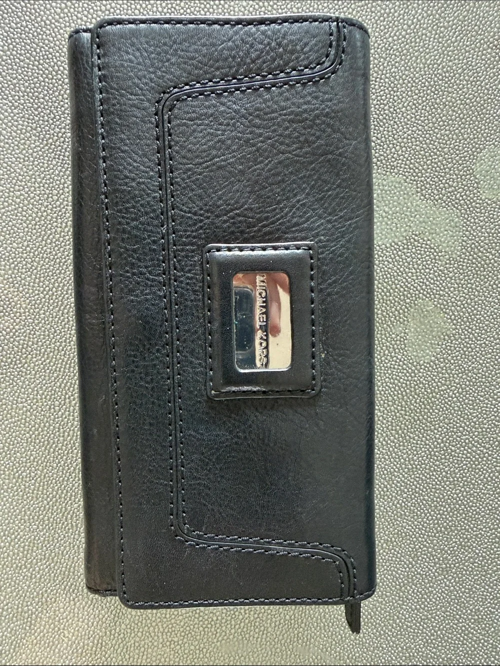 Michael Kors Black Leather Zip Continental Wallet with Silver Plaque
